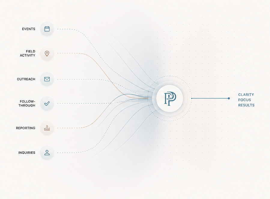 Operational activity — events, field activity, outreach, follow-through, reporting, inquiries — flowing through Productive Partners into clarity, focus, and results.